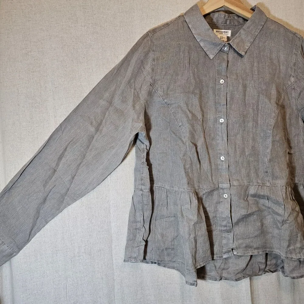 Artisan NY Grey Linen Top Womens XL Peplum Mother Of Pearl Classic Old Money - Picture 2 of 8